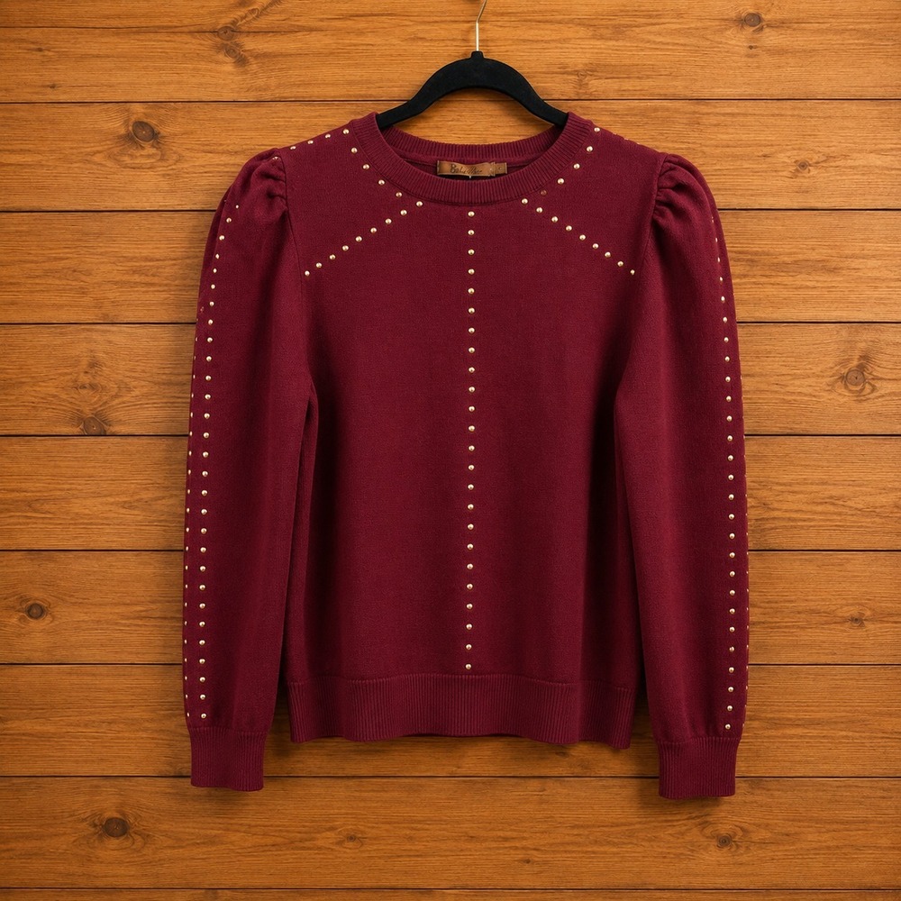 Womens Large Deep Cherry Red Gold Stud Puff Sleeve Sweater Belldini